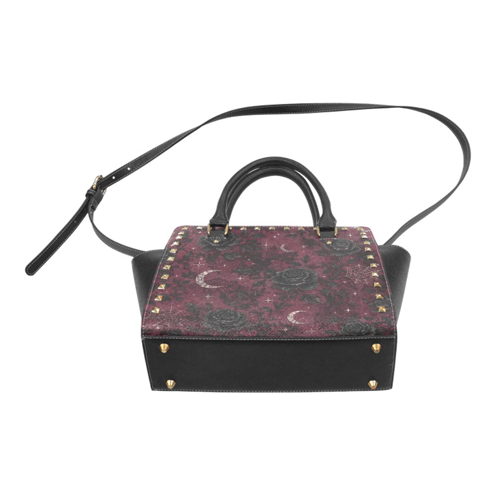 Crimson Moonlit Bloom Rivet Shoulder Handbag