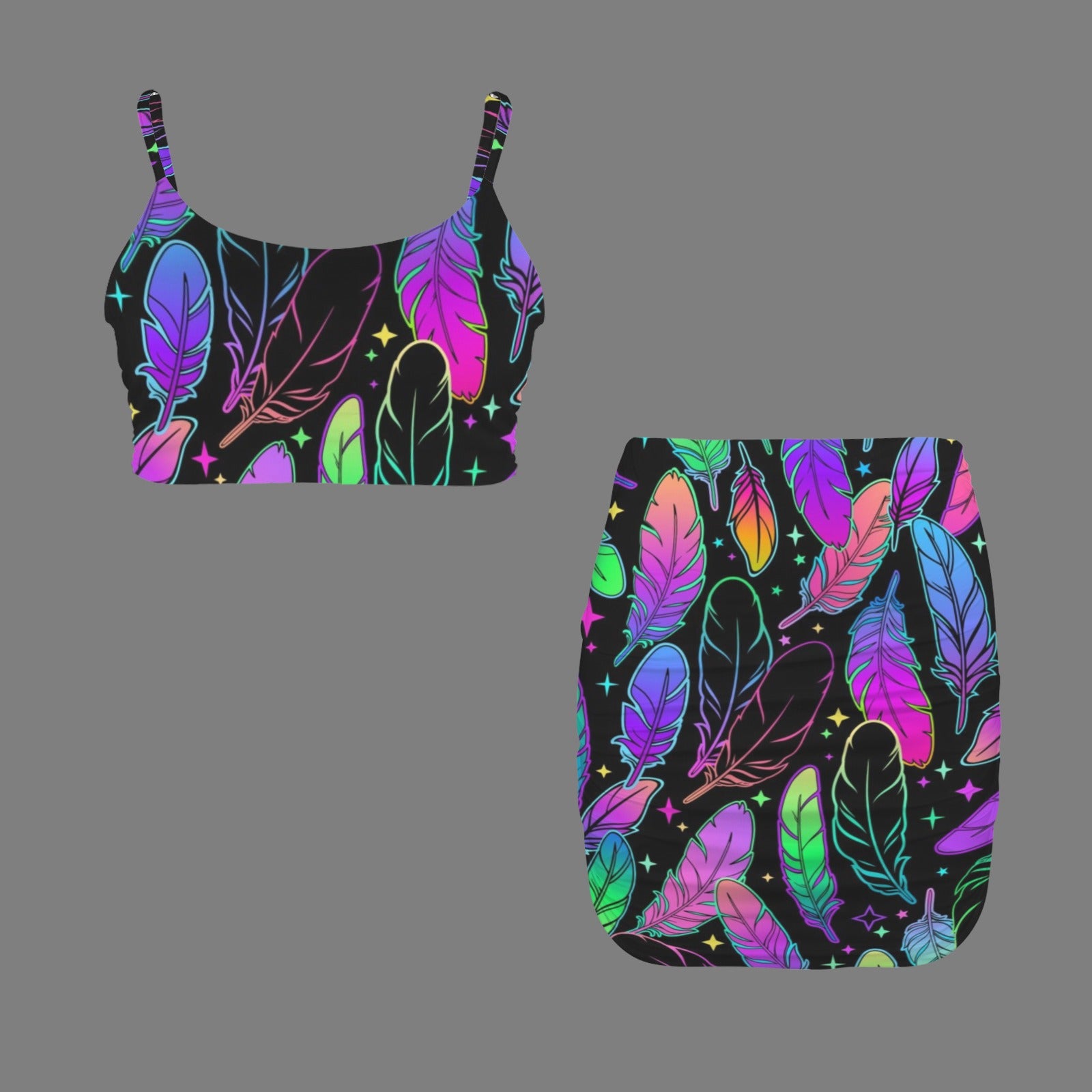 Neon Feather Top &Skirt Set