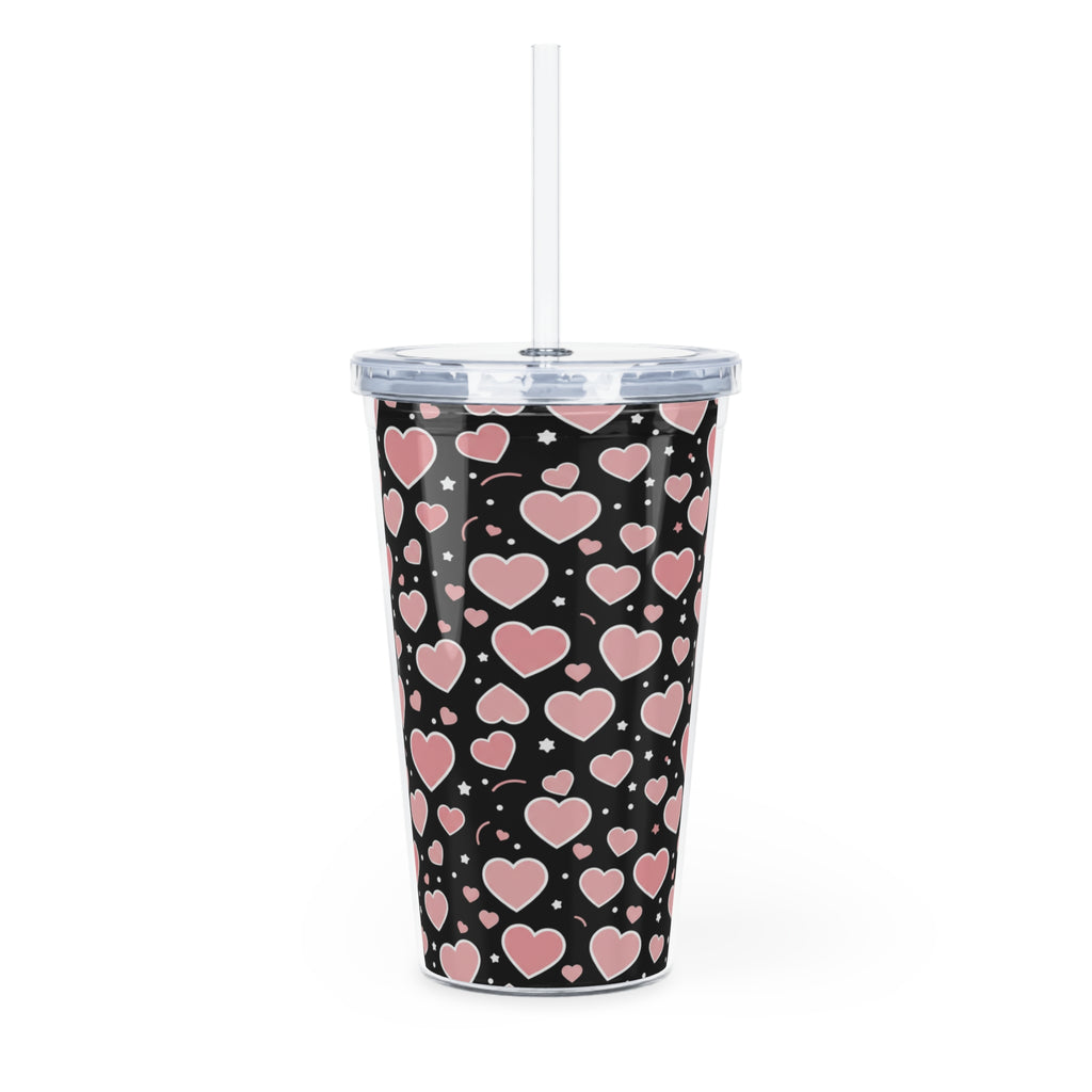 Pink Heart Pattern Tumbler with Straw