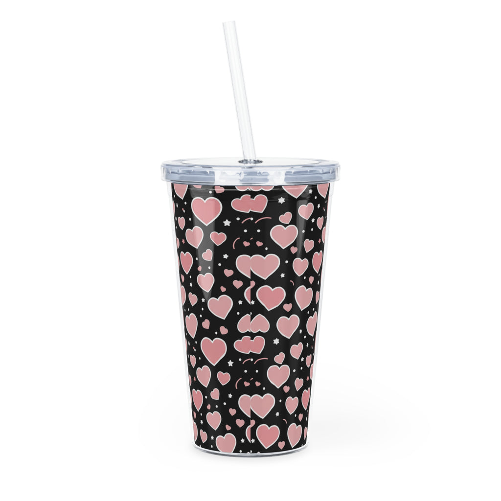 Pink Heart Pattern Tumbler with Straw