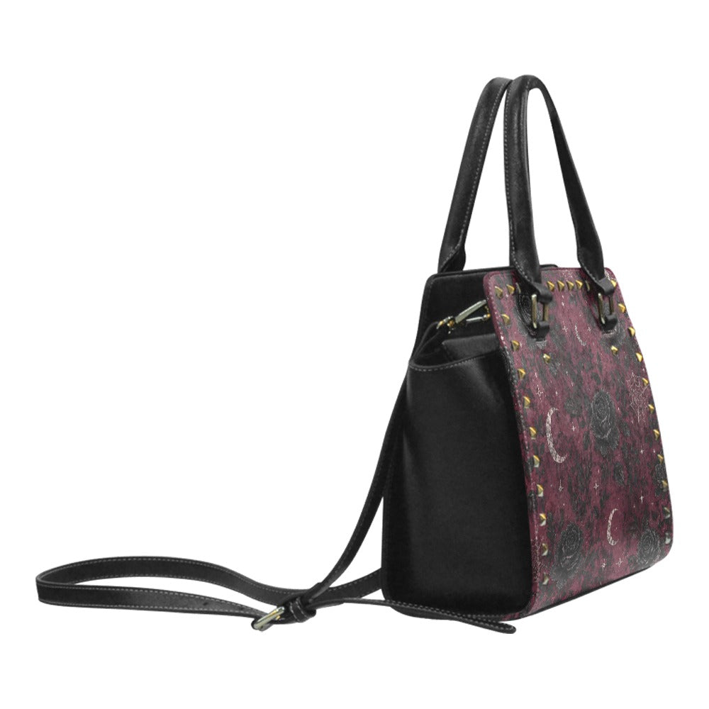 Crimson Moonlit Bloom Rivet Shoulder Handbag