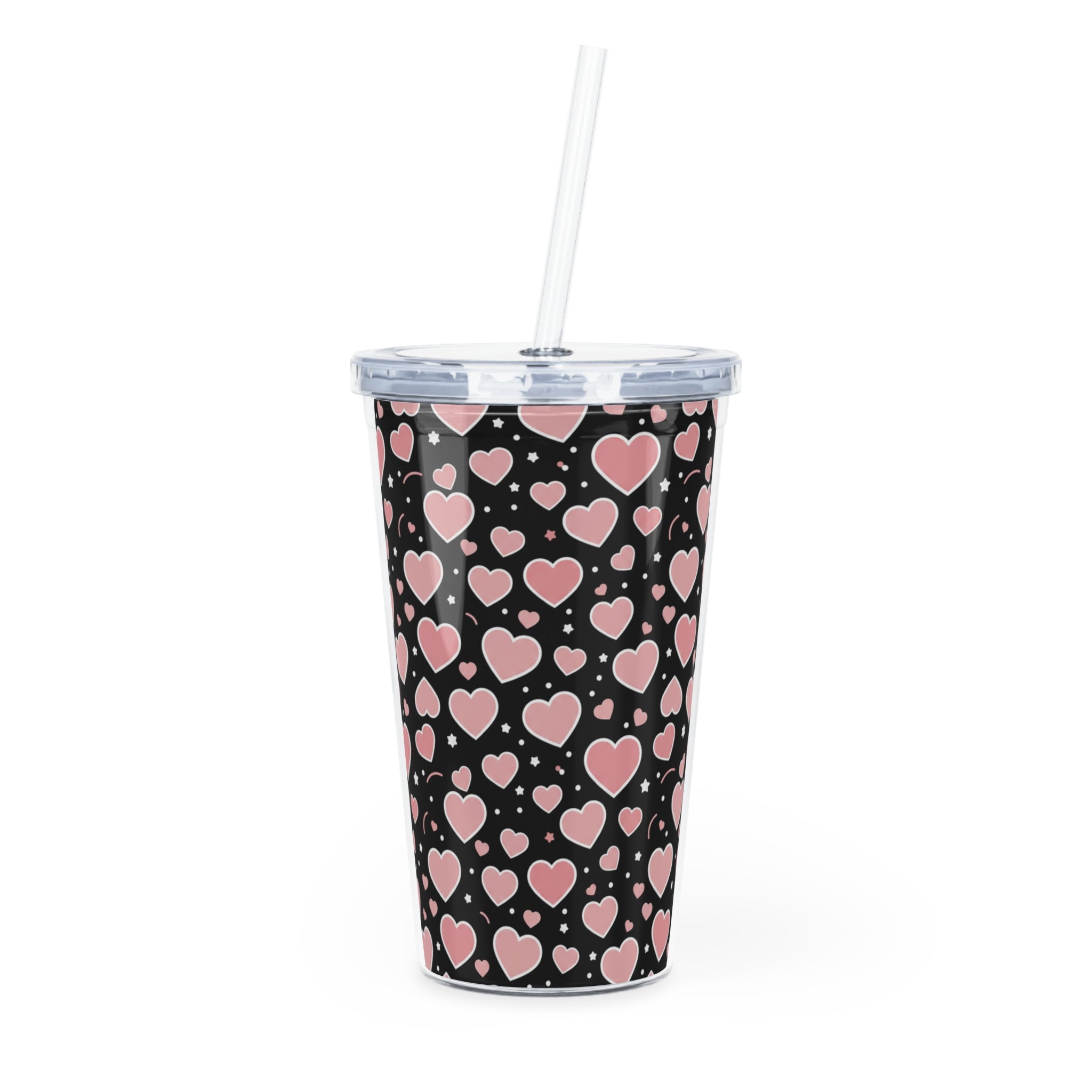 Pink Heart Pattern Tumbler with Straw