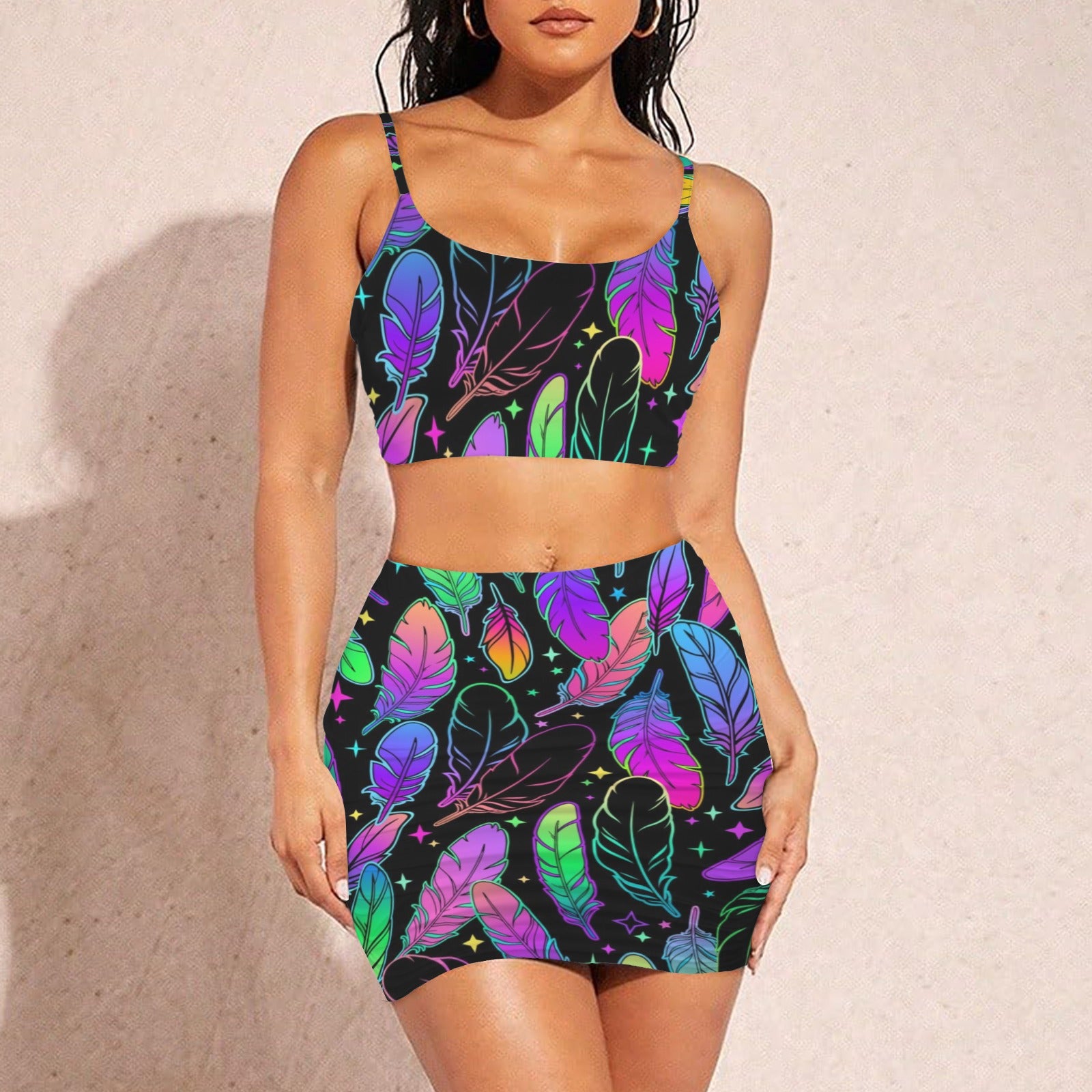 Neon Feather Top &Skirt Set