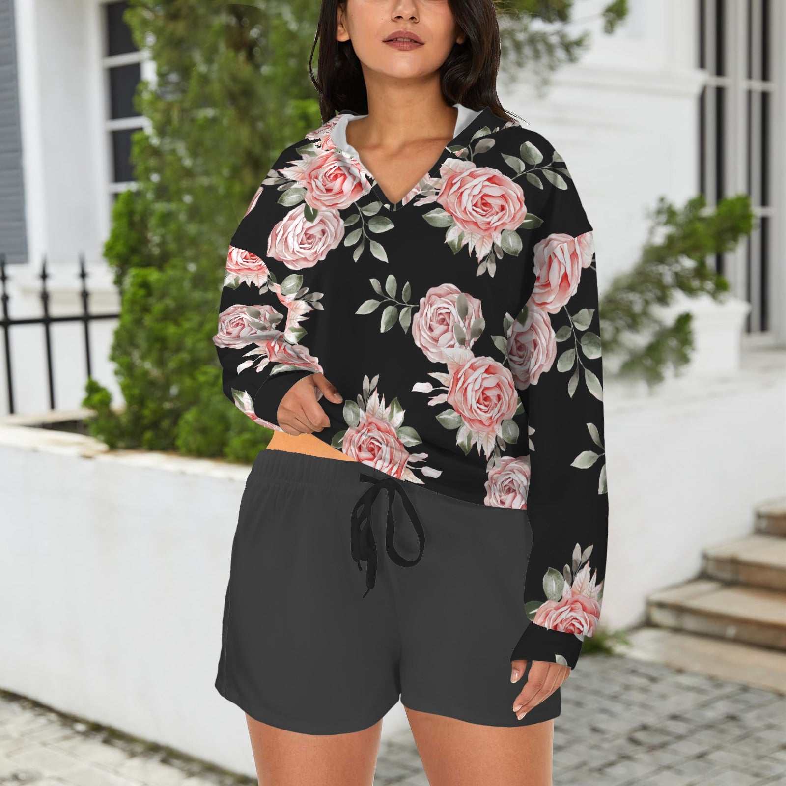 Pretty Pink Floral Hoodie & Draw String Short Set