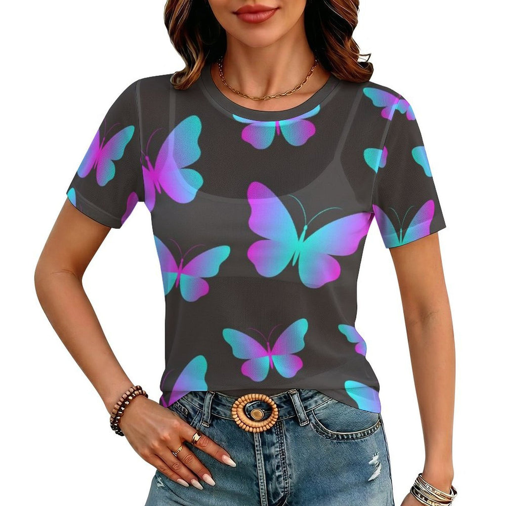 Custom Women's Mesh Sheer T-Shirt Crew Neck Short Sleeve Casual Top