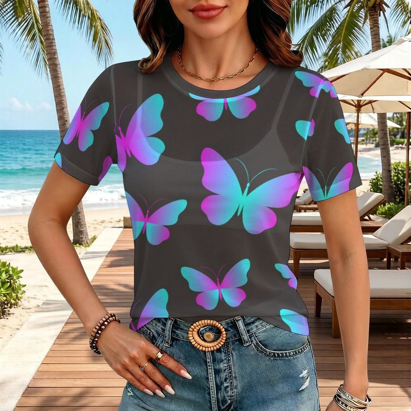 Custom Women's Mesh Sheer T-Shirt Crew Neck Short Sleeve Casual Top
