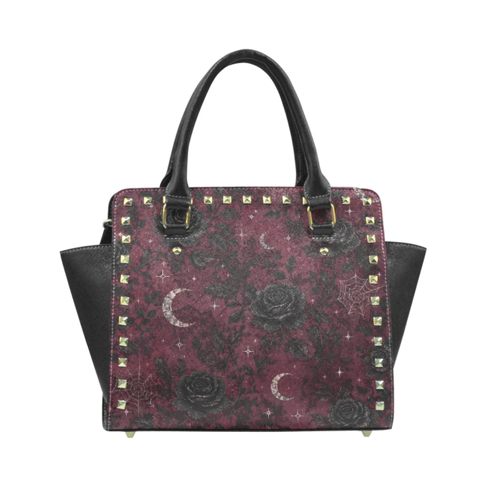 Crimson Moonlit Bloom Rivet Shoulder Handbag