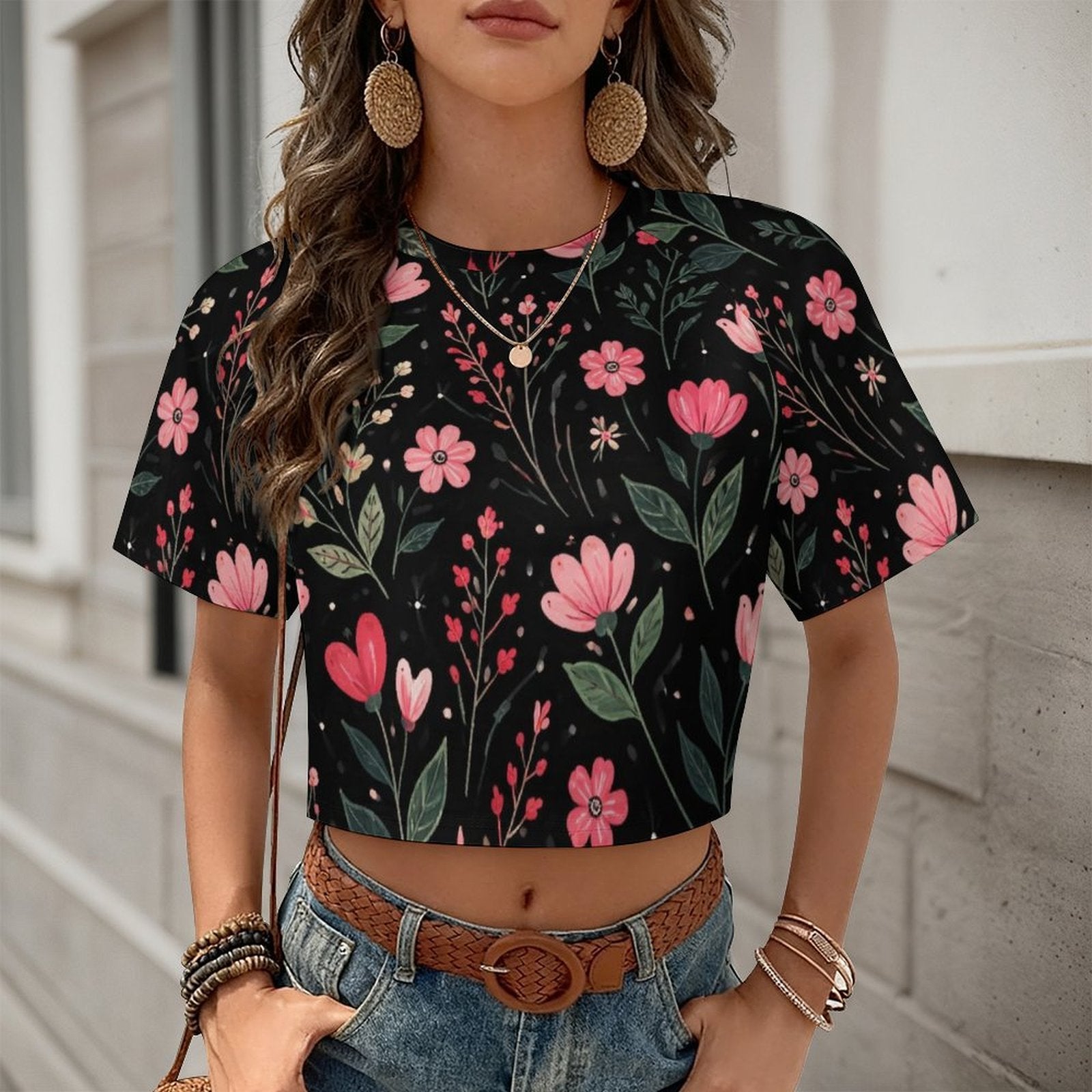 Custom Women's Short Sleeve Crew Neck Cropped Tee Crop T Shirt