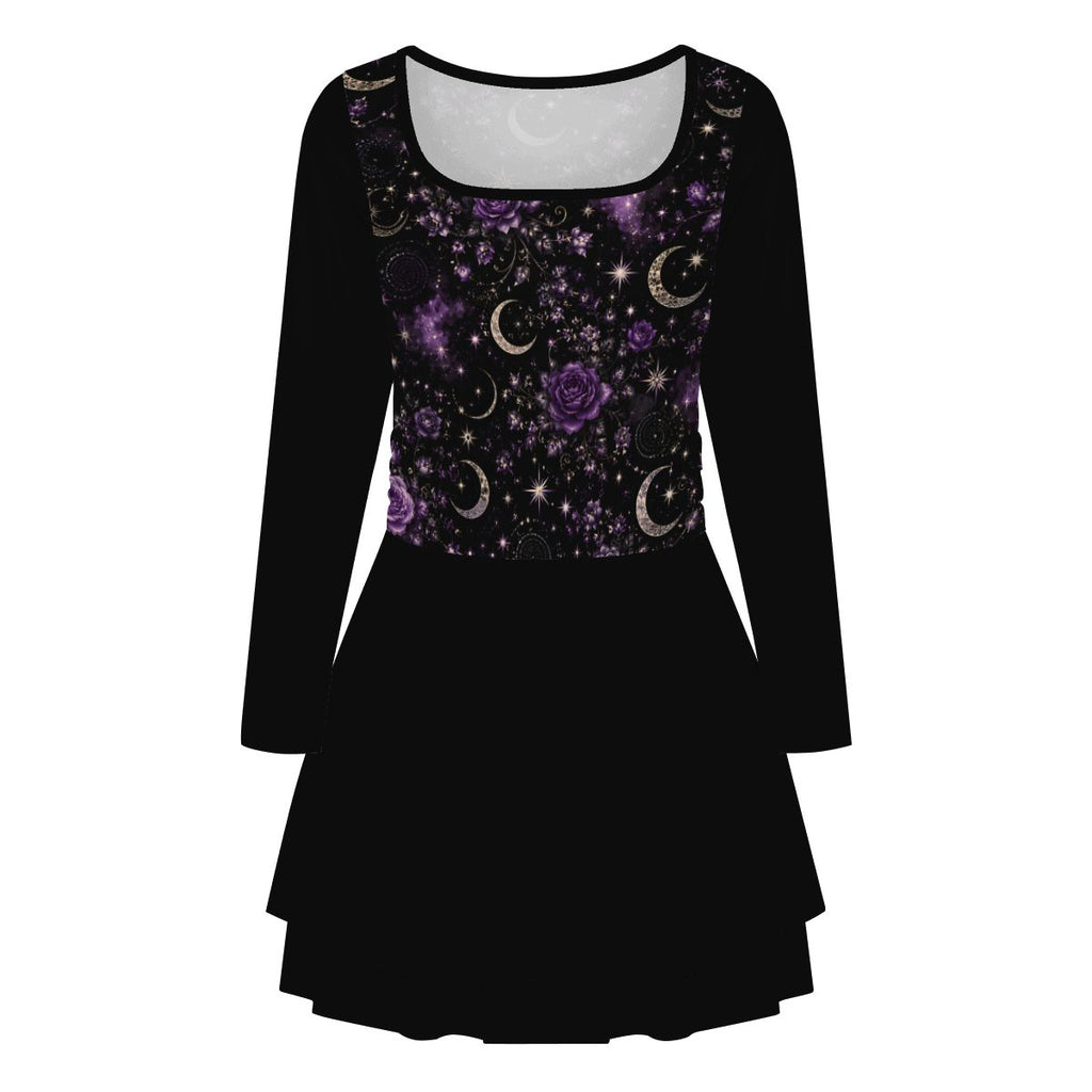 Violet Night Square Neck Long Sleeve Ruffle Mini Dress