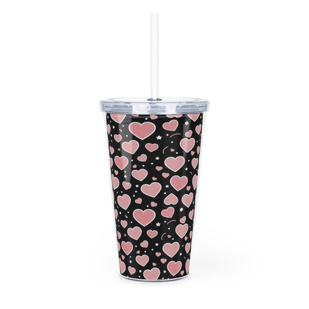 Pink Heart Pattern Tumbler with Straw