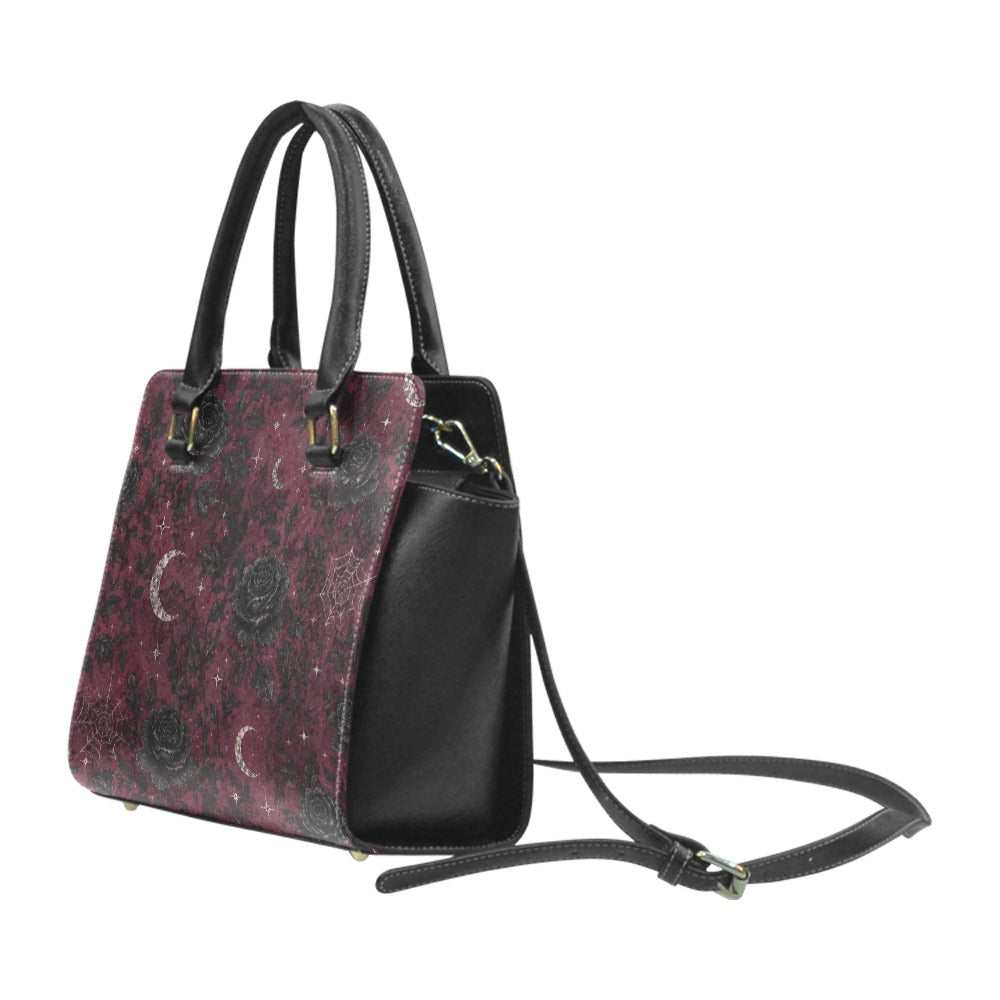 Crimson Moonlit Bloom Rivet Shoulder Handbag