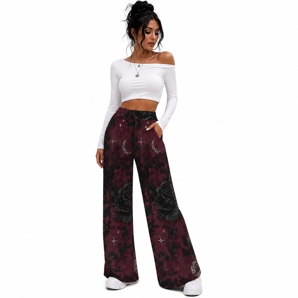 Crimson Moonlit Bloom Wide Leg Sweatpants