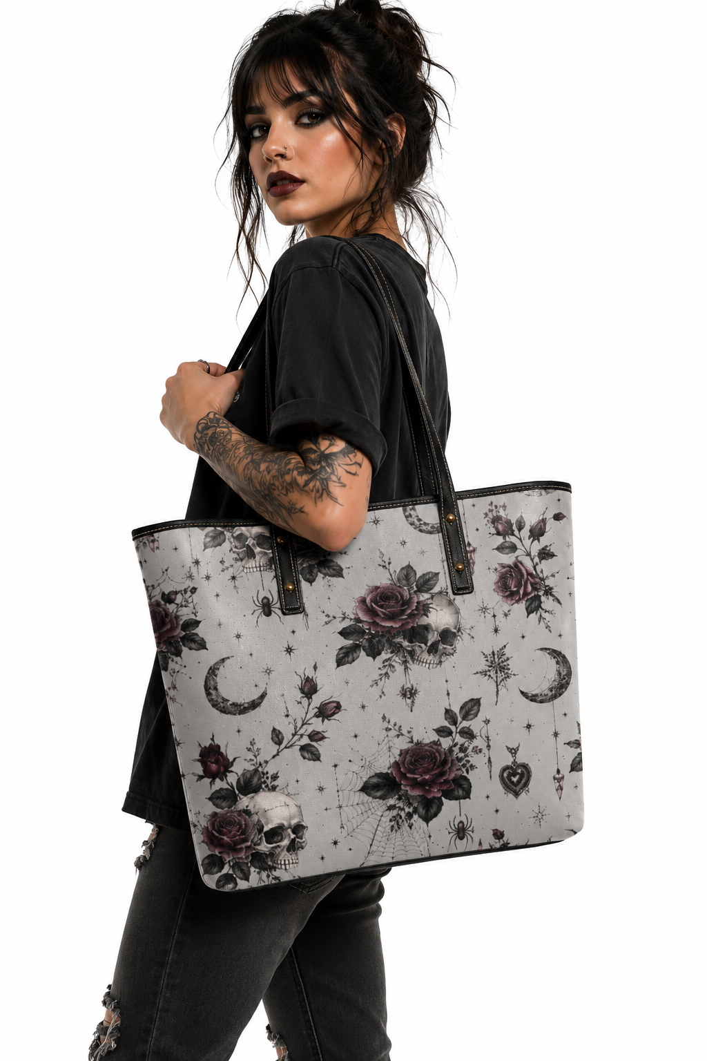 Blooming Skull Chic Leather Tote Bag