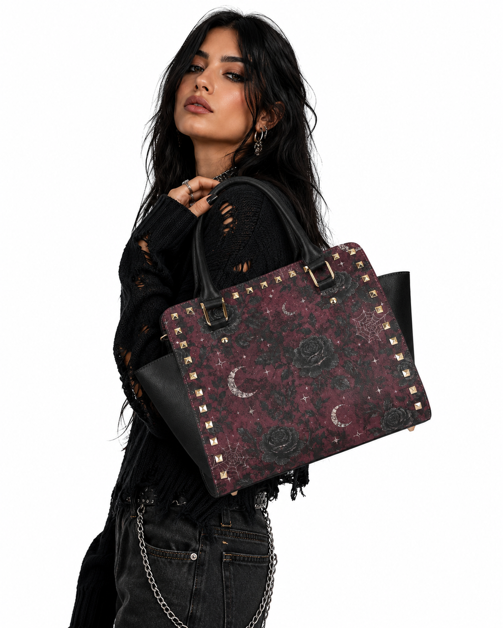 Crimson Moonlit Bloom Rivet Shoulder Handbag