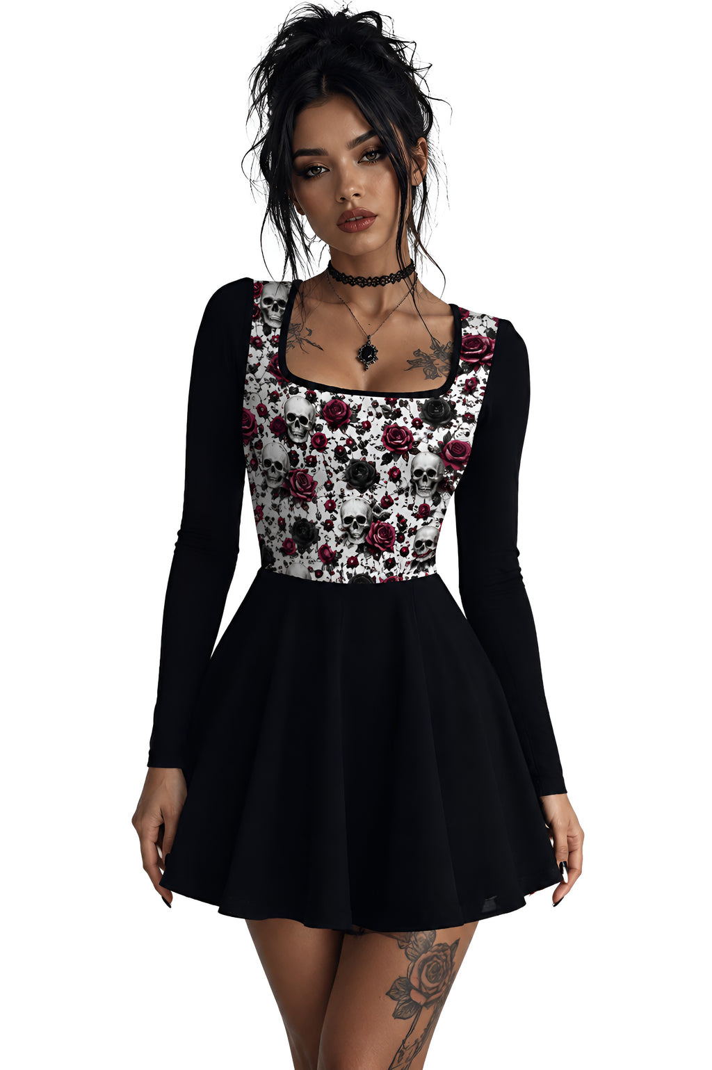 Crimson Bloom Square Neck Long Sleeve Ruffle Mini Dress
