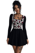 Crimson Bloom Square Neck Long Sleeve Ruffle Mini Dress