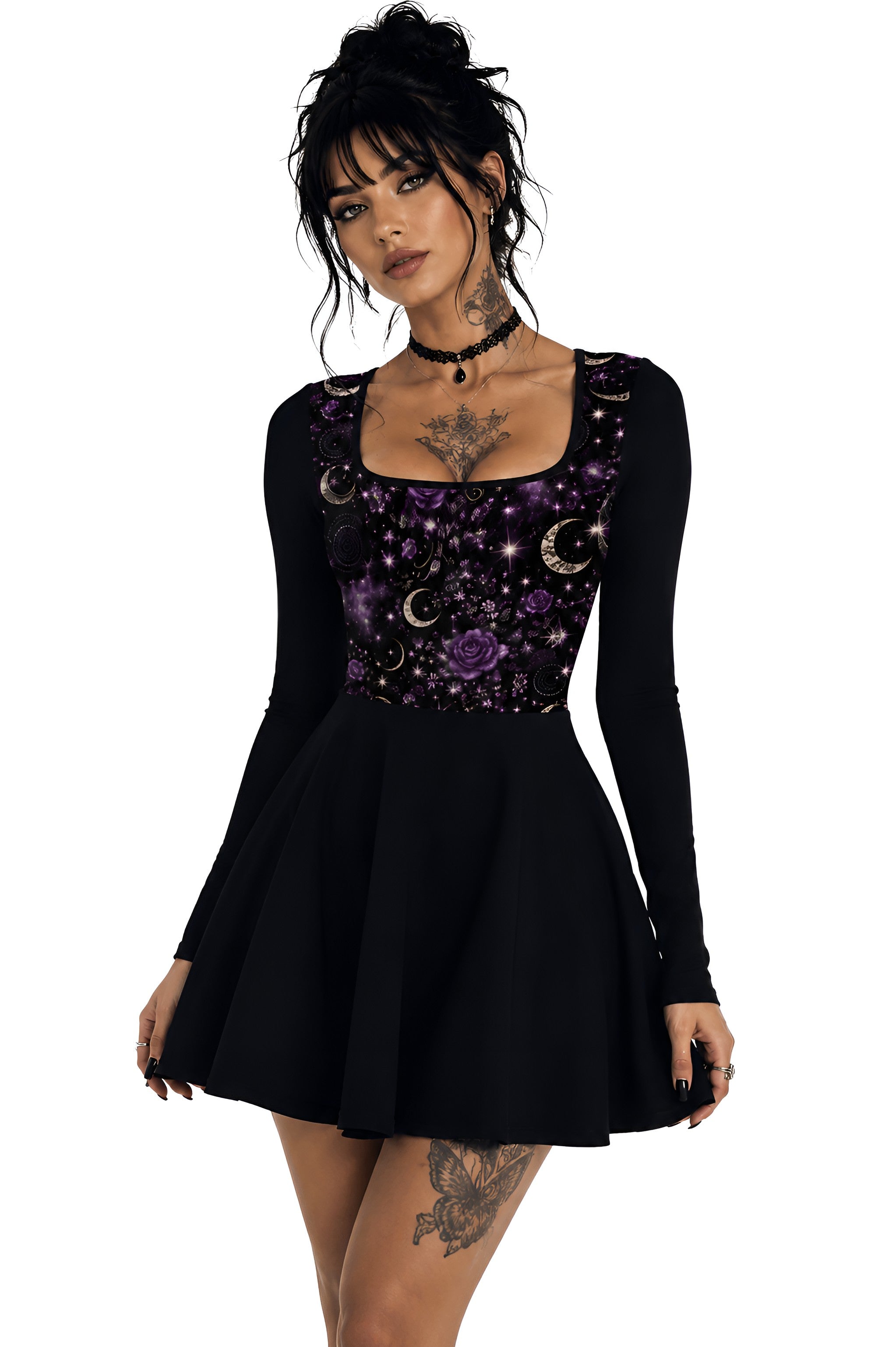 Violet Night Square Neck Long Sleeve Ruffle Mini Dress