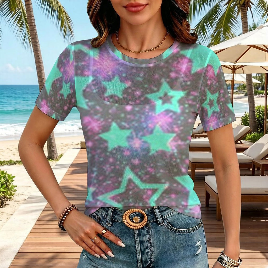 Custom Women's Mesh Sheer T-Shirt Crew Neck Short Sleeve Casual Top