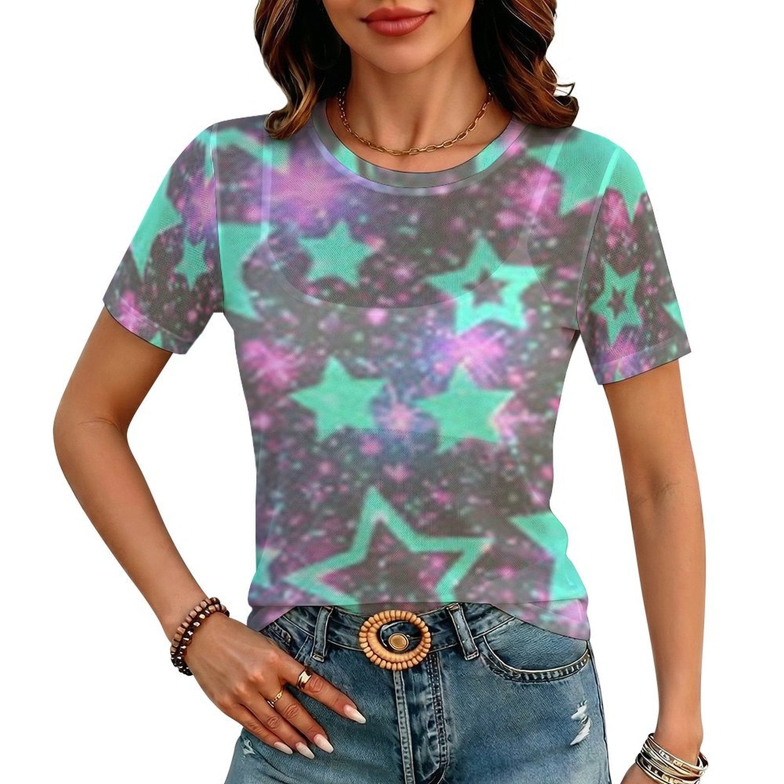 Custom Women's Mesh Sheer T-Shirt Crew Neck Short Sleeve Casual Top