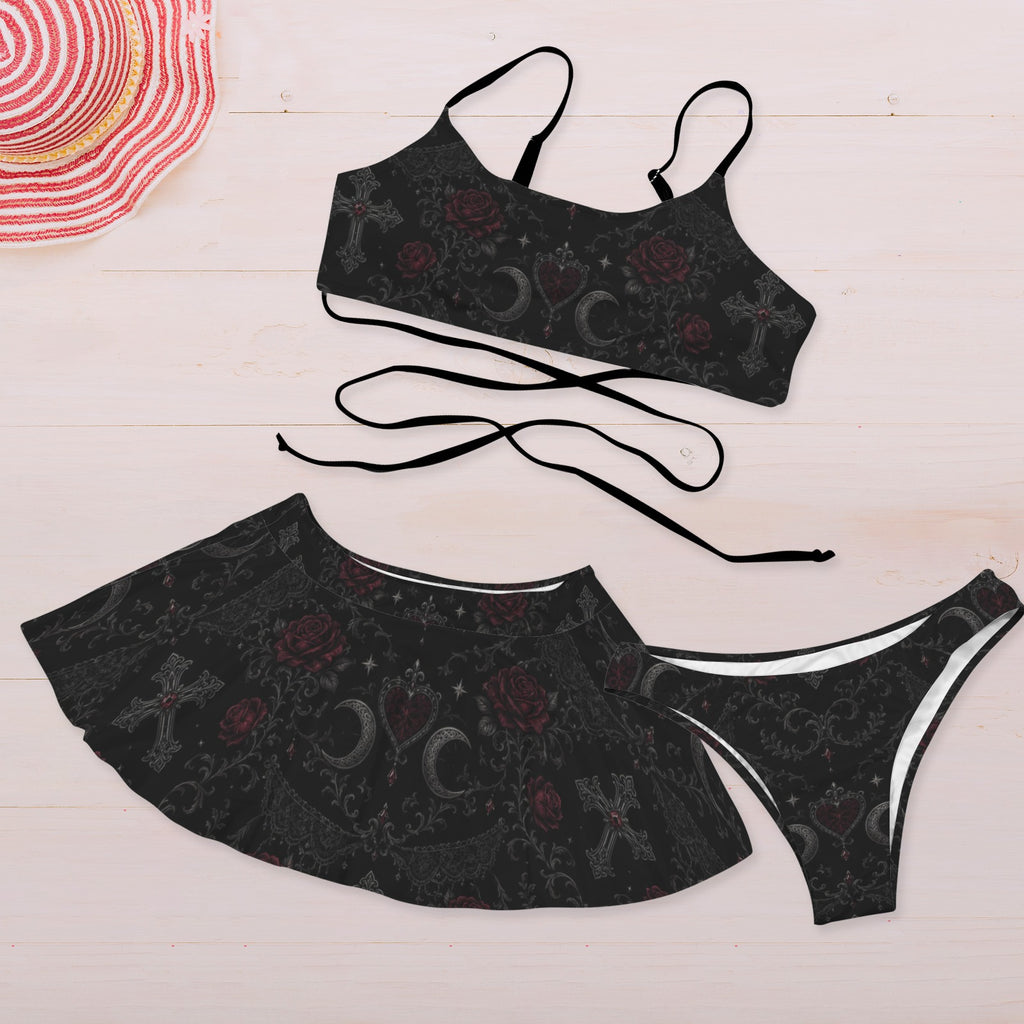Blood Rose Lace Up 3pc Bikini