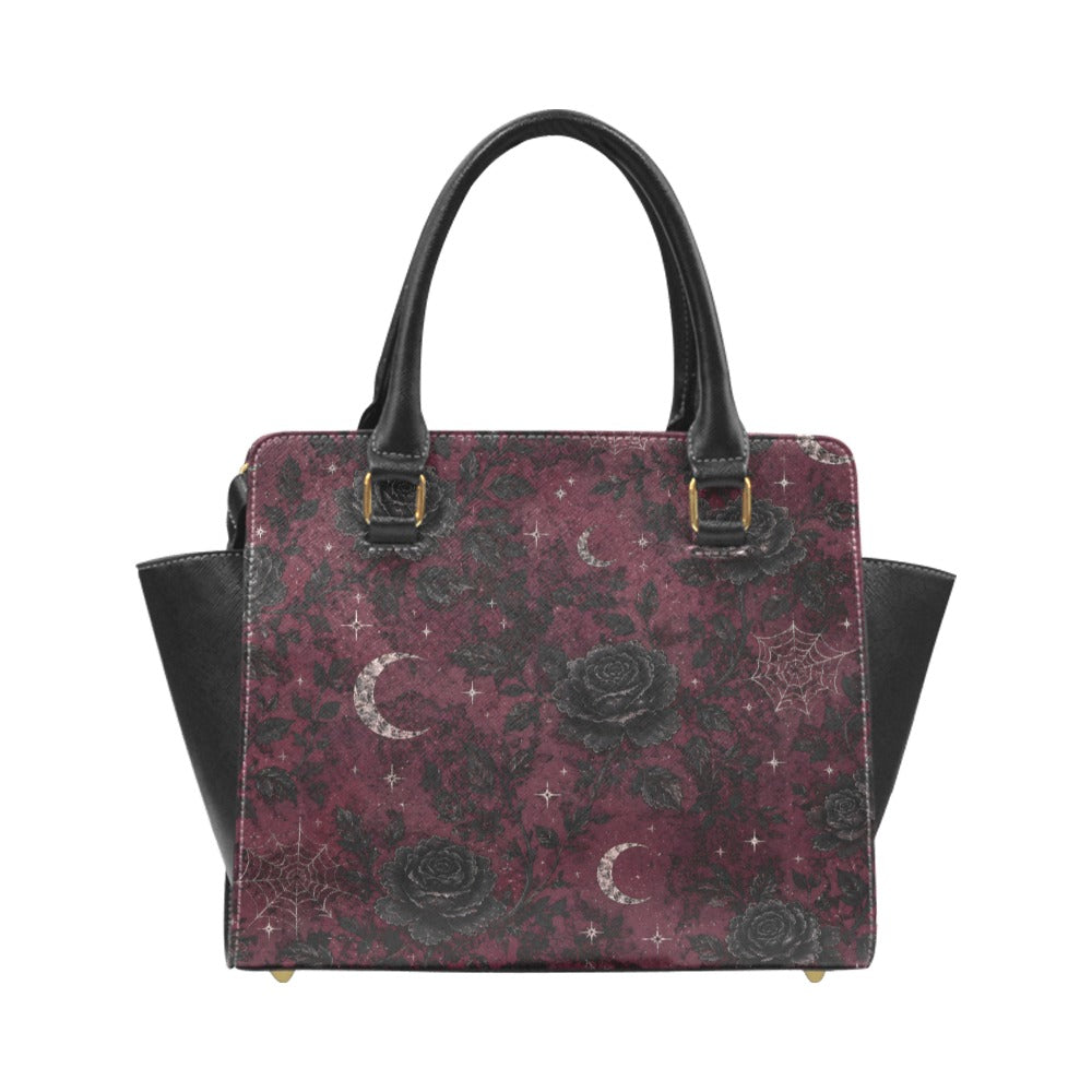 Crimson Moonlit Bloom Rivet Shoulder Handbag