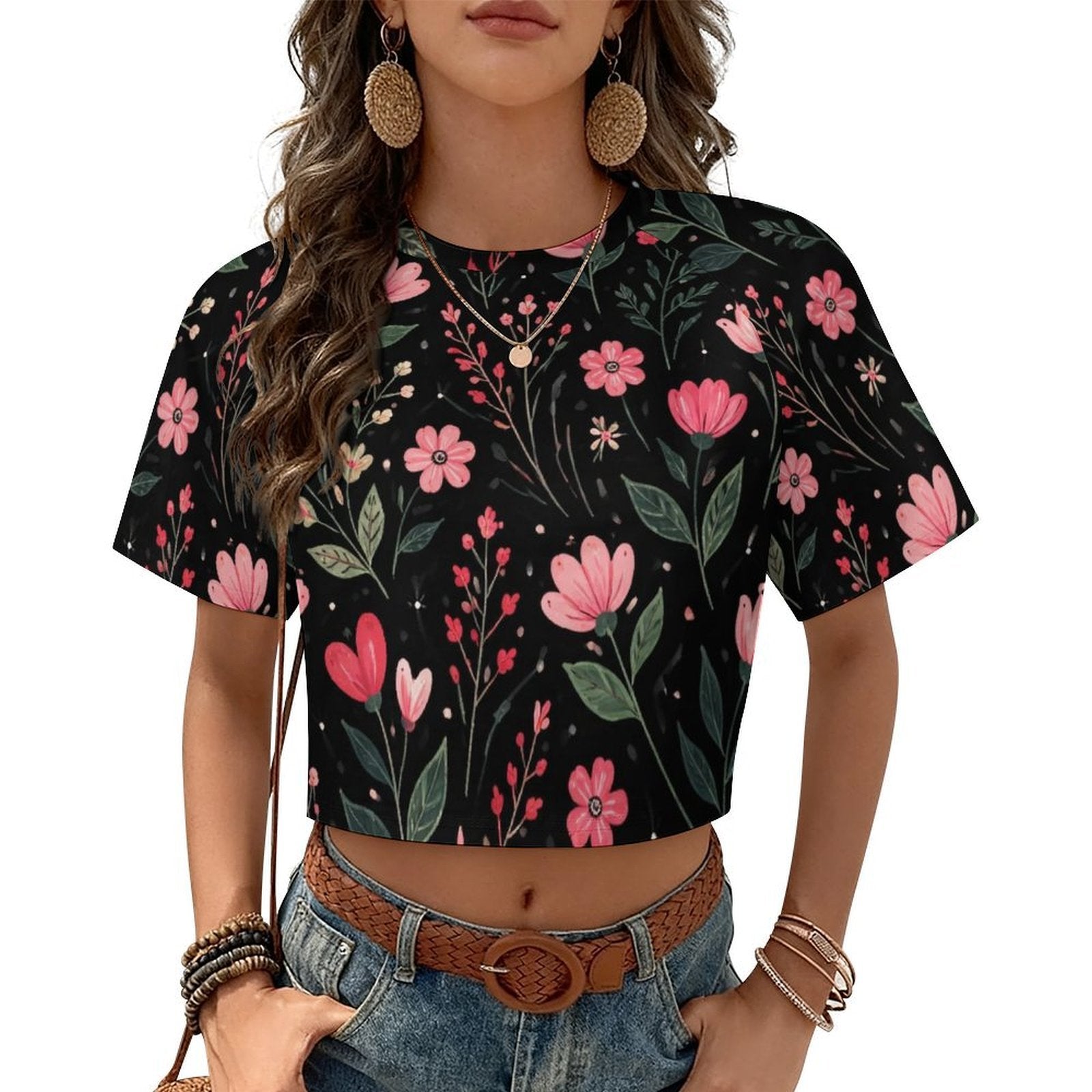 Custom Women's Short Sleeve Crew Neck Cropped Tee Crop T Shirt