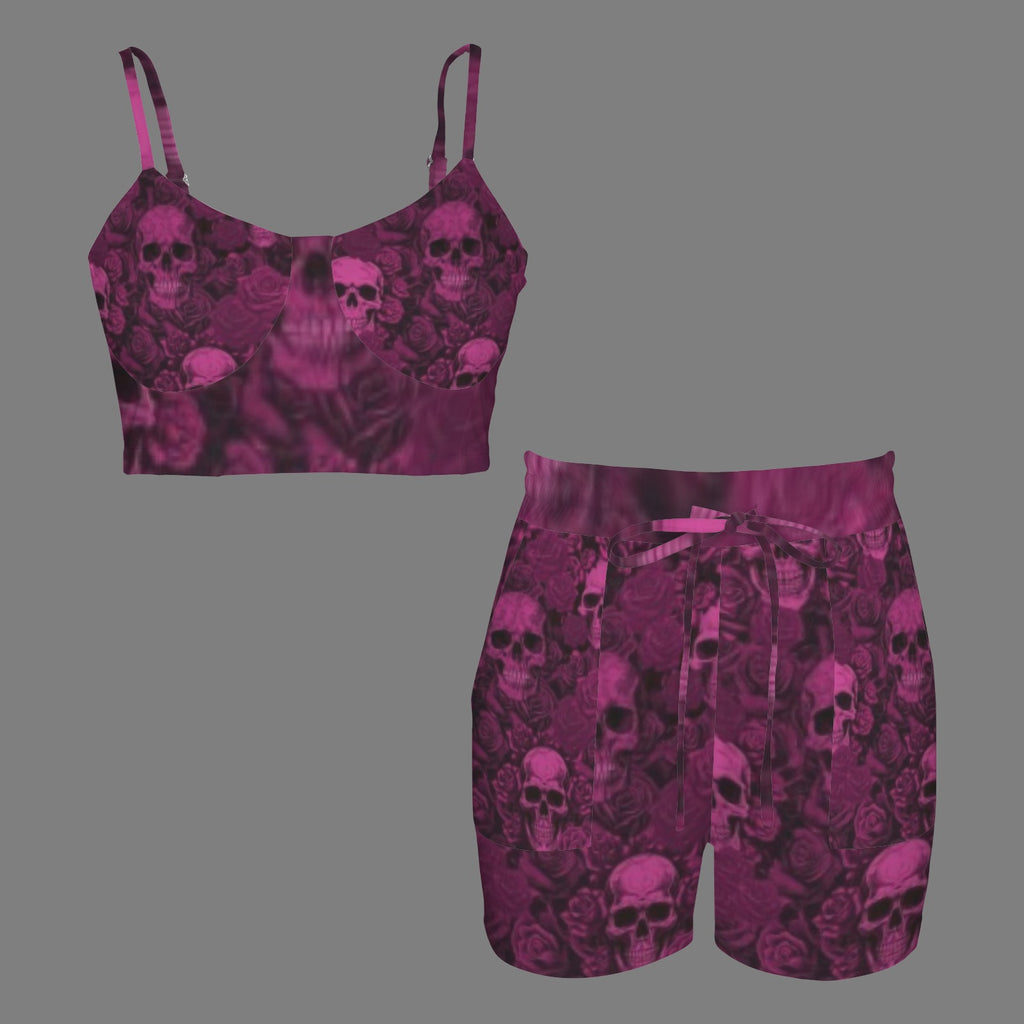 Purple Black Skull Crop Cami & High Waist Shorts