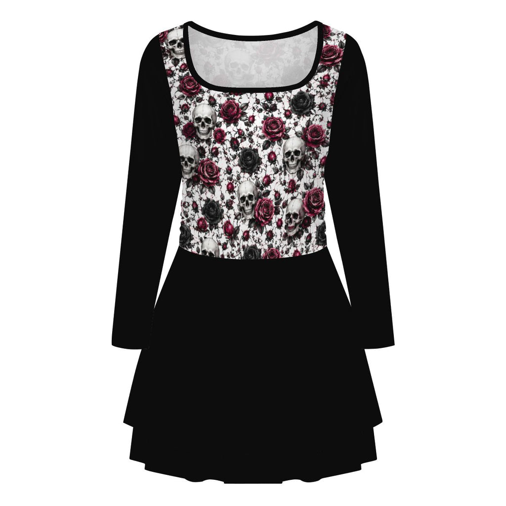 Crimson Bloom Square Neck Long Sleeve Ruffle Mini Dress